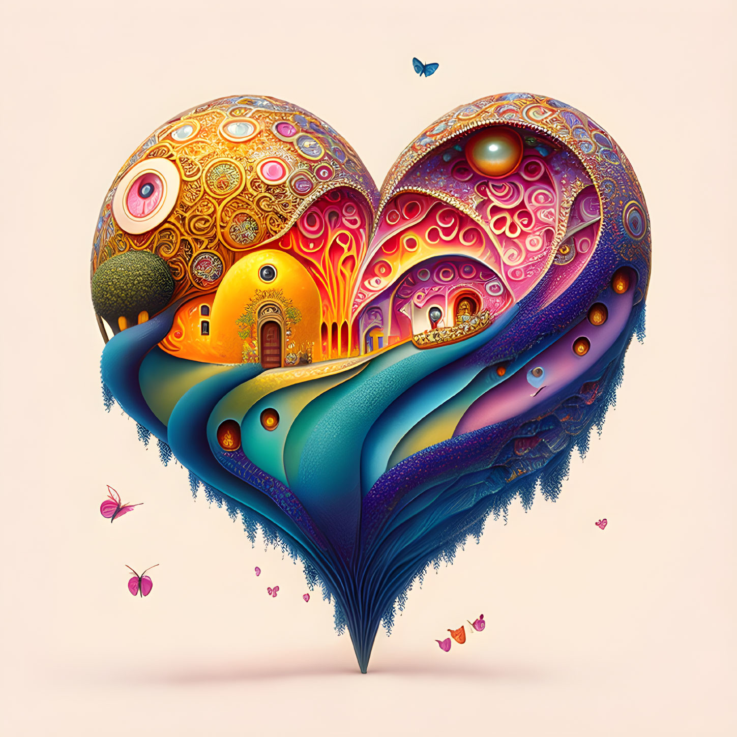 Colorful Heart Illustration with Intricate Patterns and Floating Islands