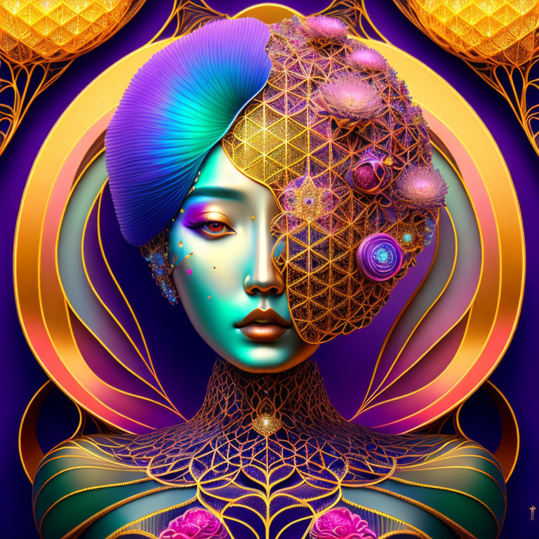 Stylized woman with blue skin and golden headpiece in digital art