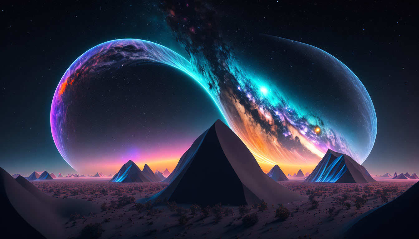 Surreal landscape with pyramids under starry sky and vibrant planets.