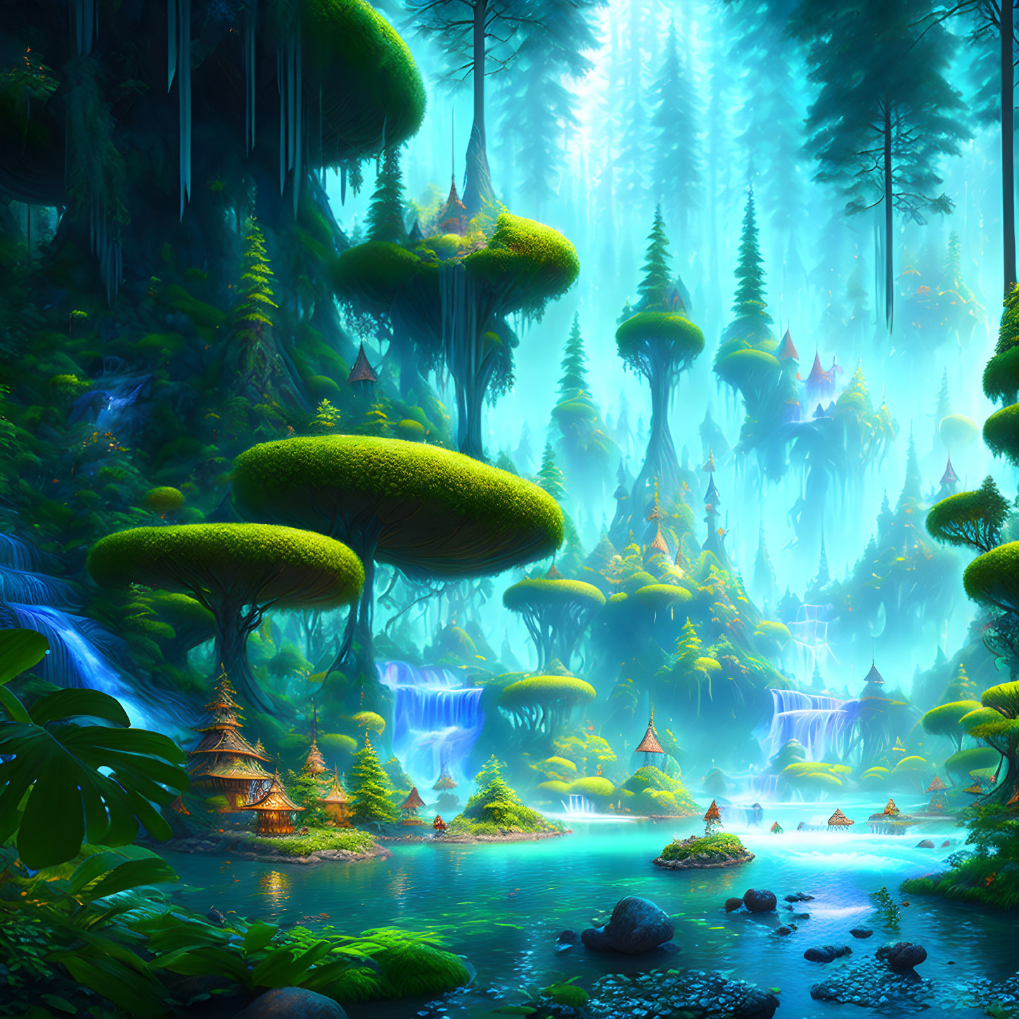 Fantastical forest with mushroom-like trees and waterfalls