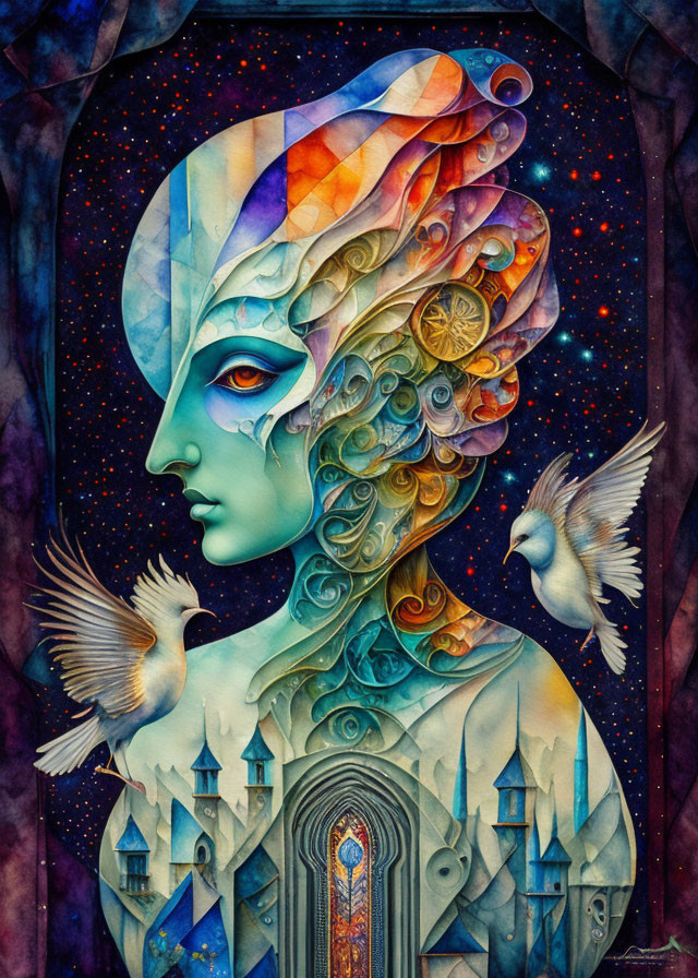 Colorful surreal artwork: Mechanical-humanoid face with doves, cosmic backdrop, and castle.