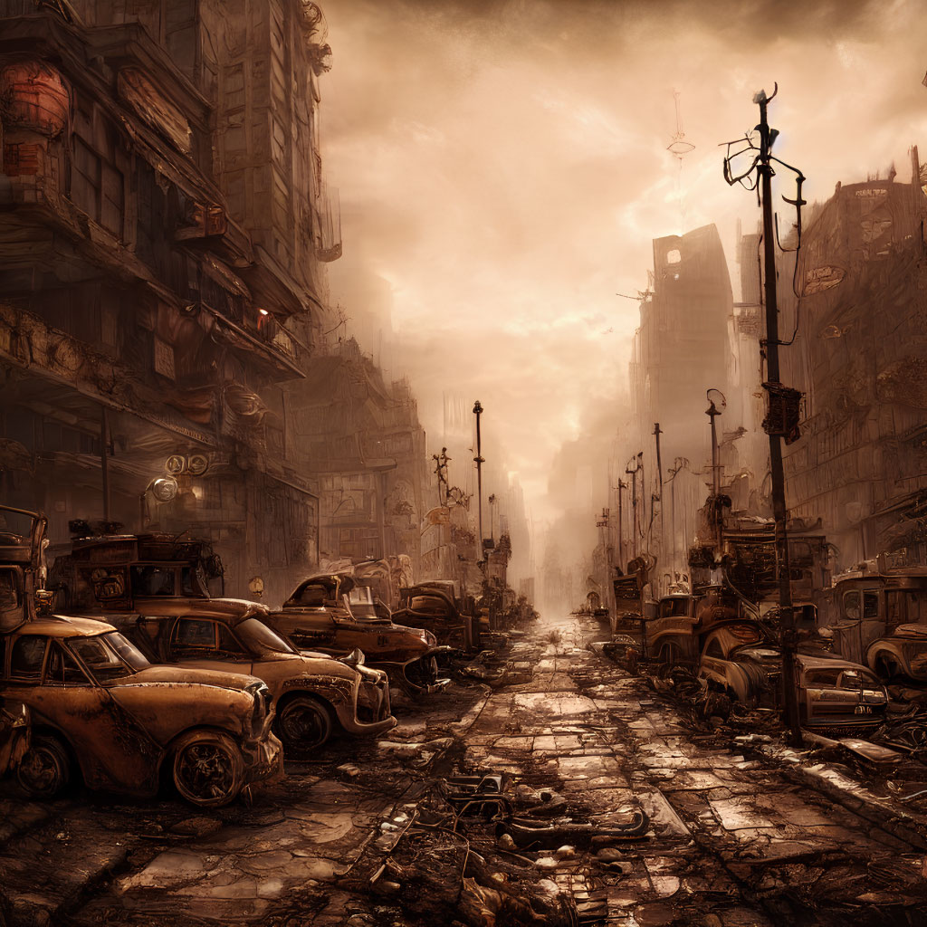 Desolate dystopian city street with abandoned buildings and cars