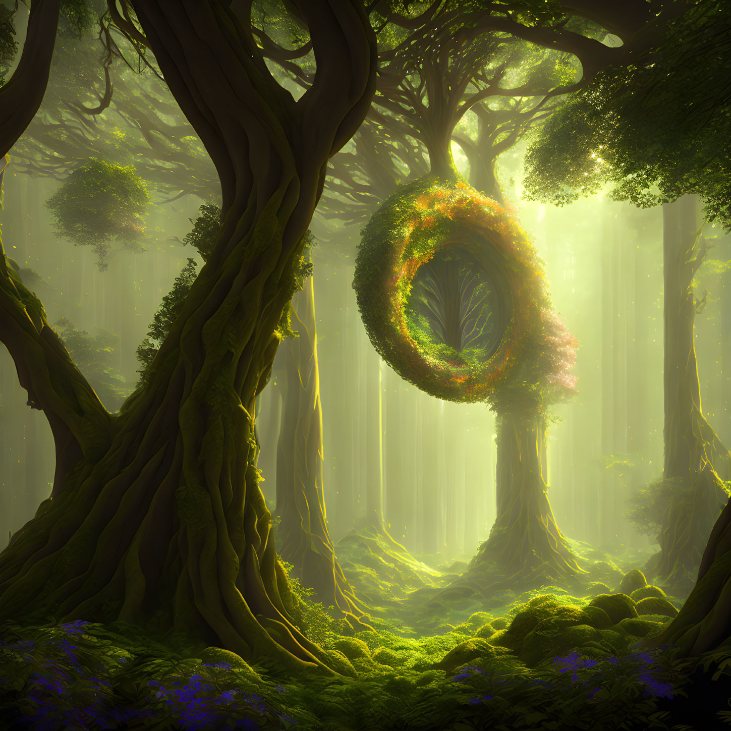 Enchanting forest with glowing tree portal and lush greenery