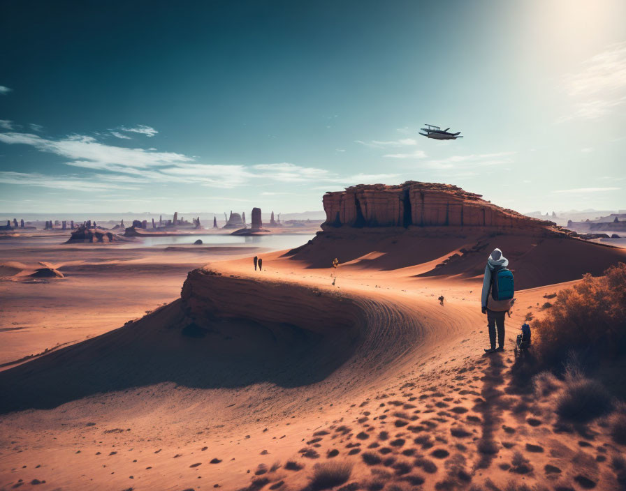 Traveler with backpack watches futuristic ship over desert dune