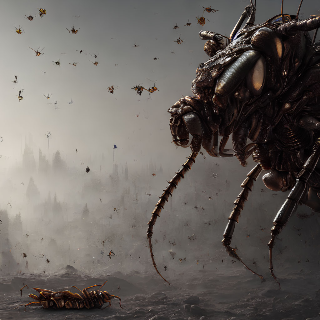 Dystopian landscape with giant mechanical insect and hazy atmosphere