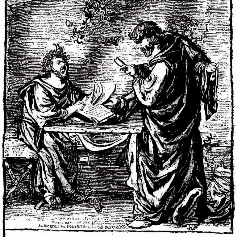 Monochrome illustration of two robed figures with open book