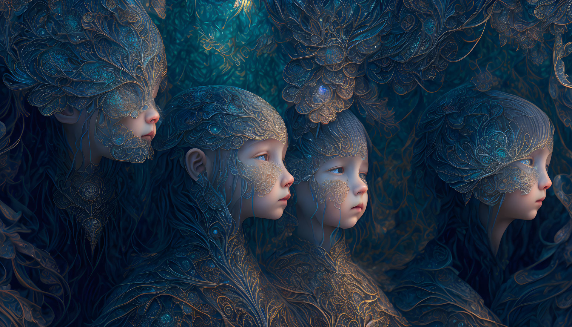 Four ethereal figures in ornate feathered headdresses and masks in a cool, blue-toned