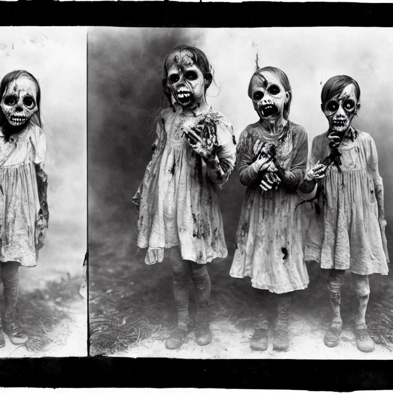 Three children in eerie skull masks and tattered dresses for a vintage Halloween vibe