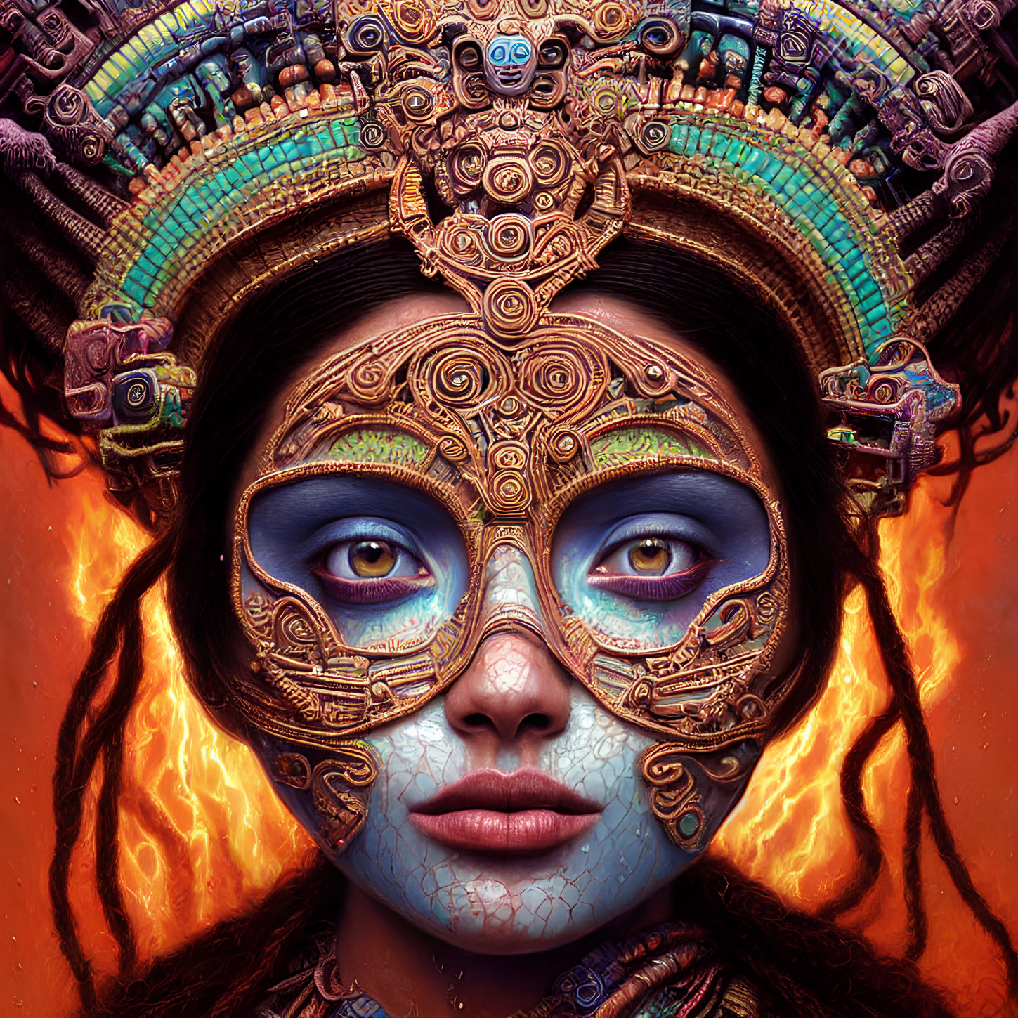 Detailed illustration of person with ornate headdress and mask-like facial decoration against vibrant, fiery background