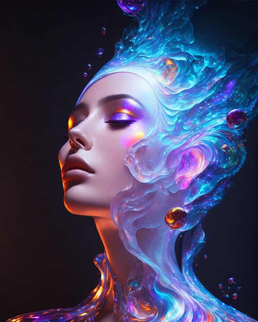 Vibrant digital illustration of woman with flowing blue hair on dark background