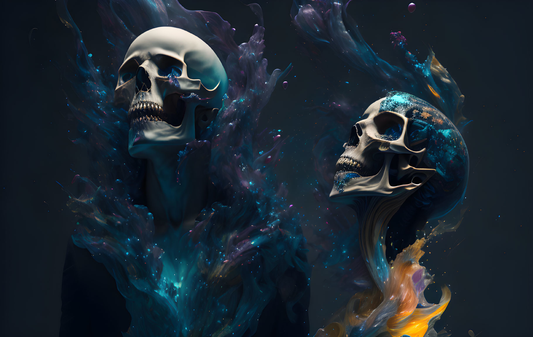 Skull-faced figures in colorful nebula smoke on dark background