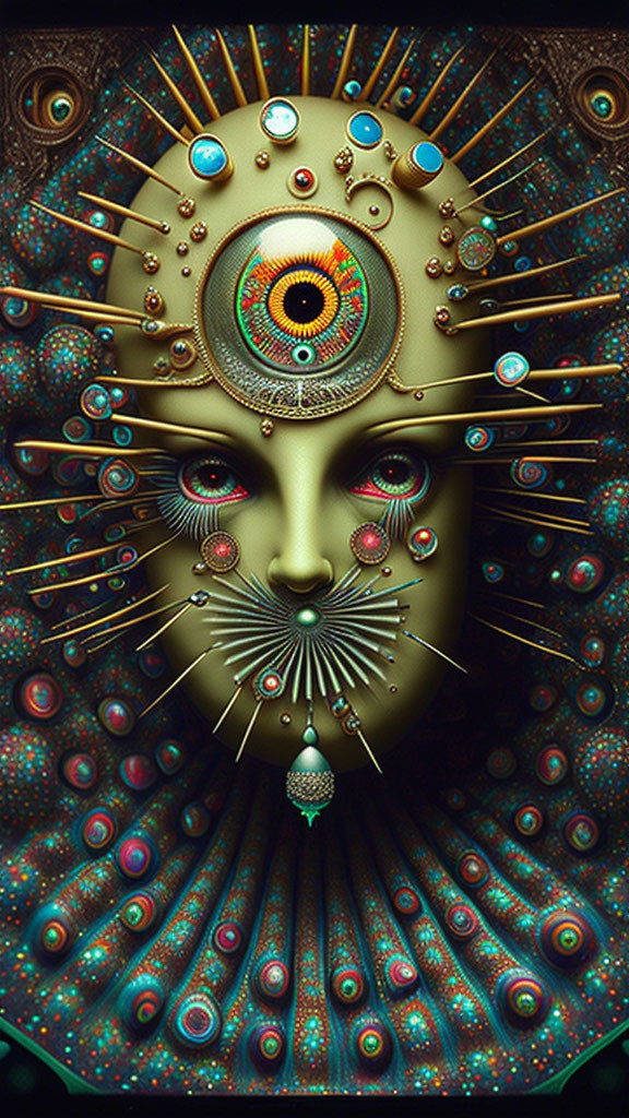 Vibrant surreal digital artwork of central face with cosmic pattern.