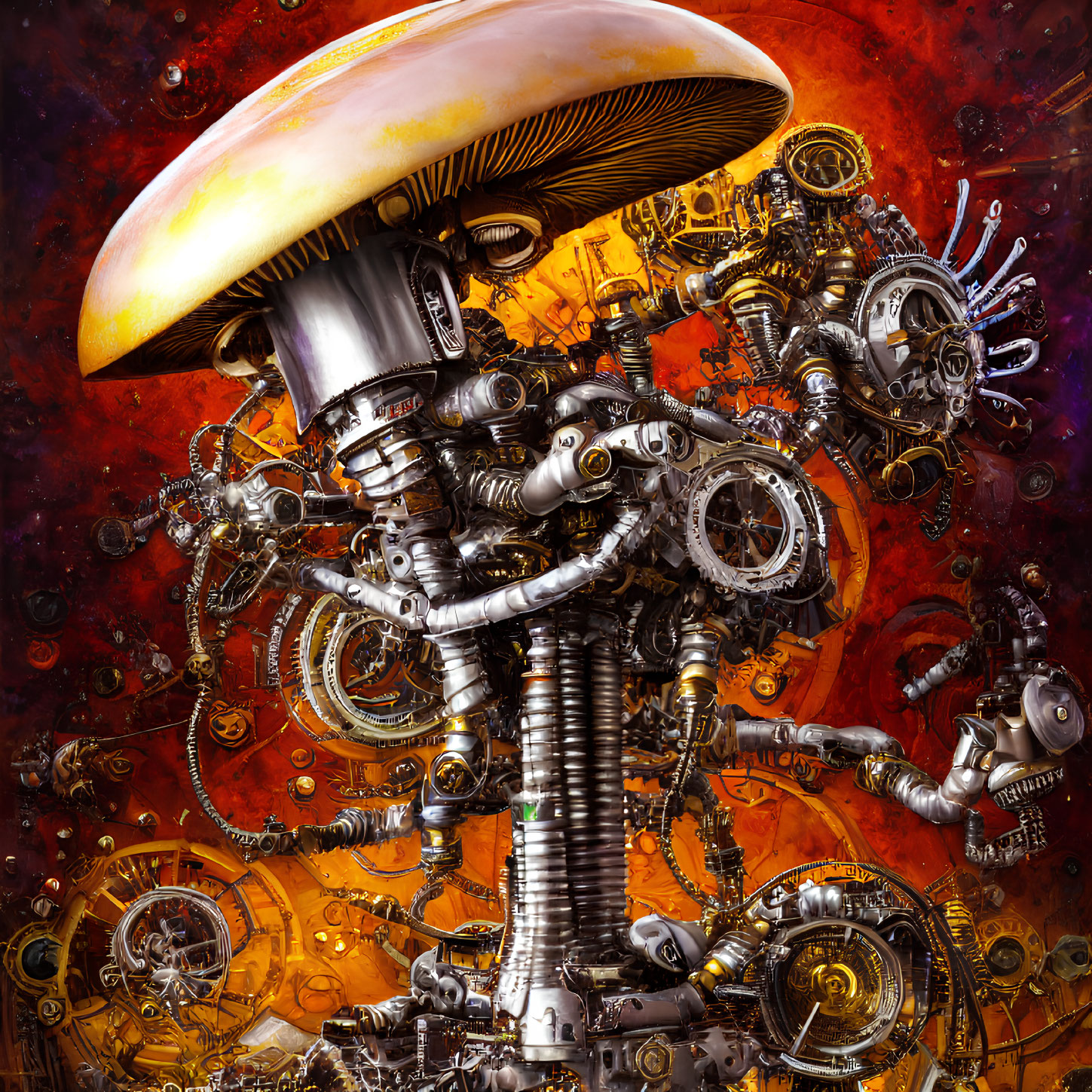 Vibrant artwork of complex mechanical structure with mushroom cap