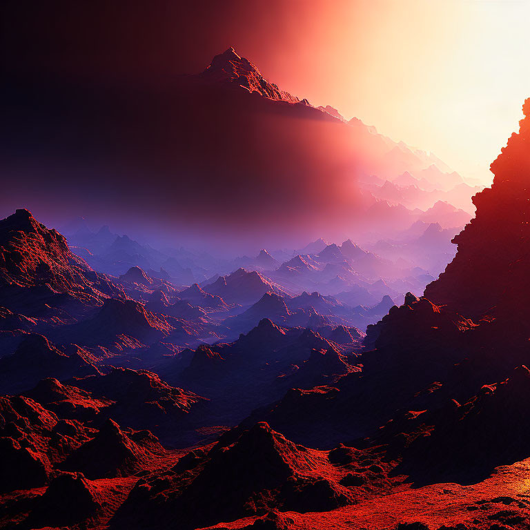 Red-tinged mountainous landscape under hazy sky with bright peak light