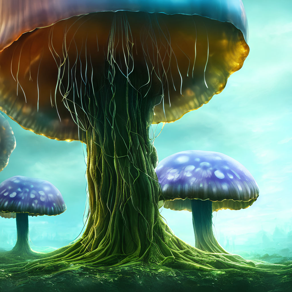 Surreal illustration of oversized mushroom structures and giant jellyfish-like entity in dreamy green setting