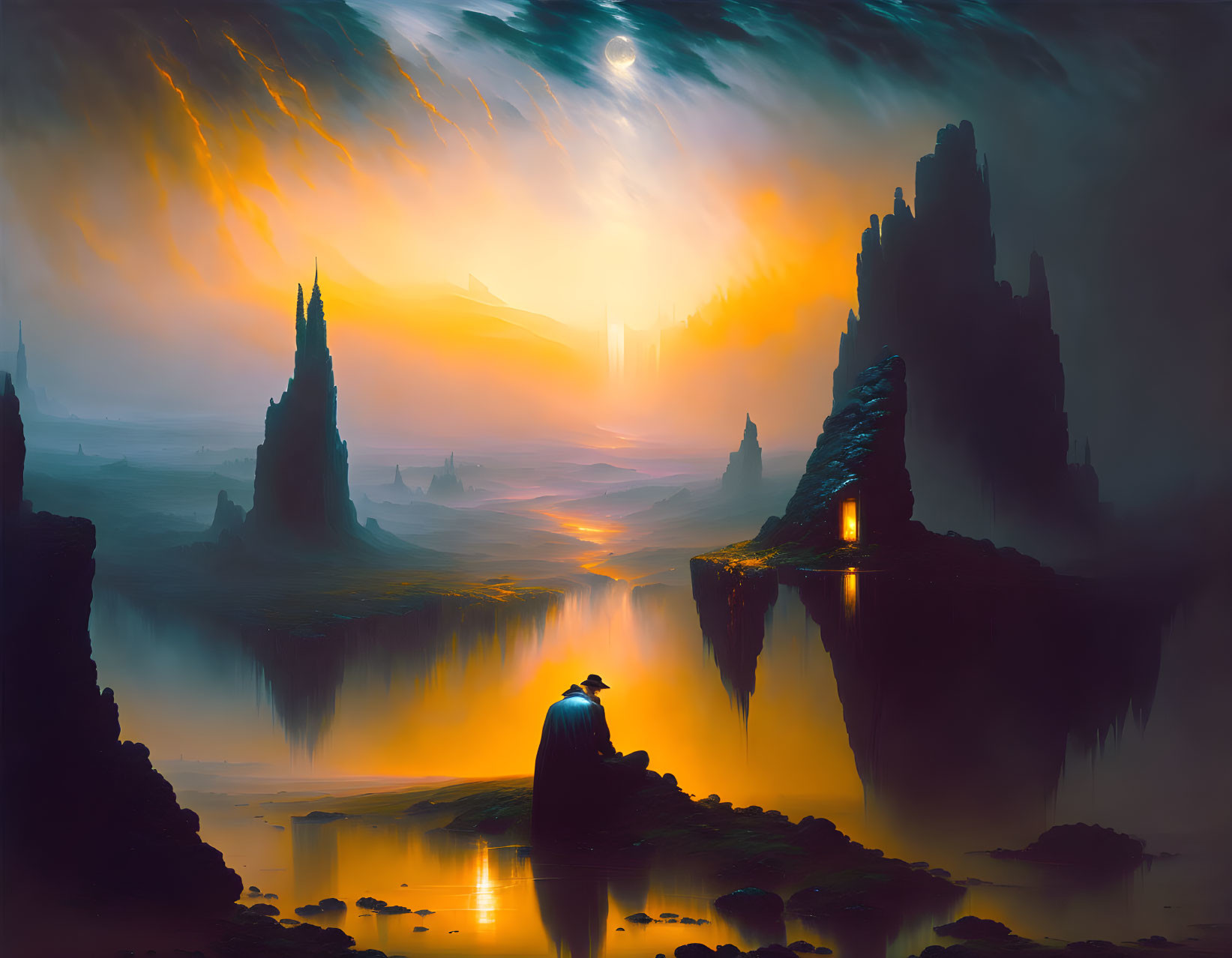 Mystical landscape with towering rock formations and glowing doorway