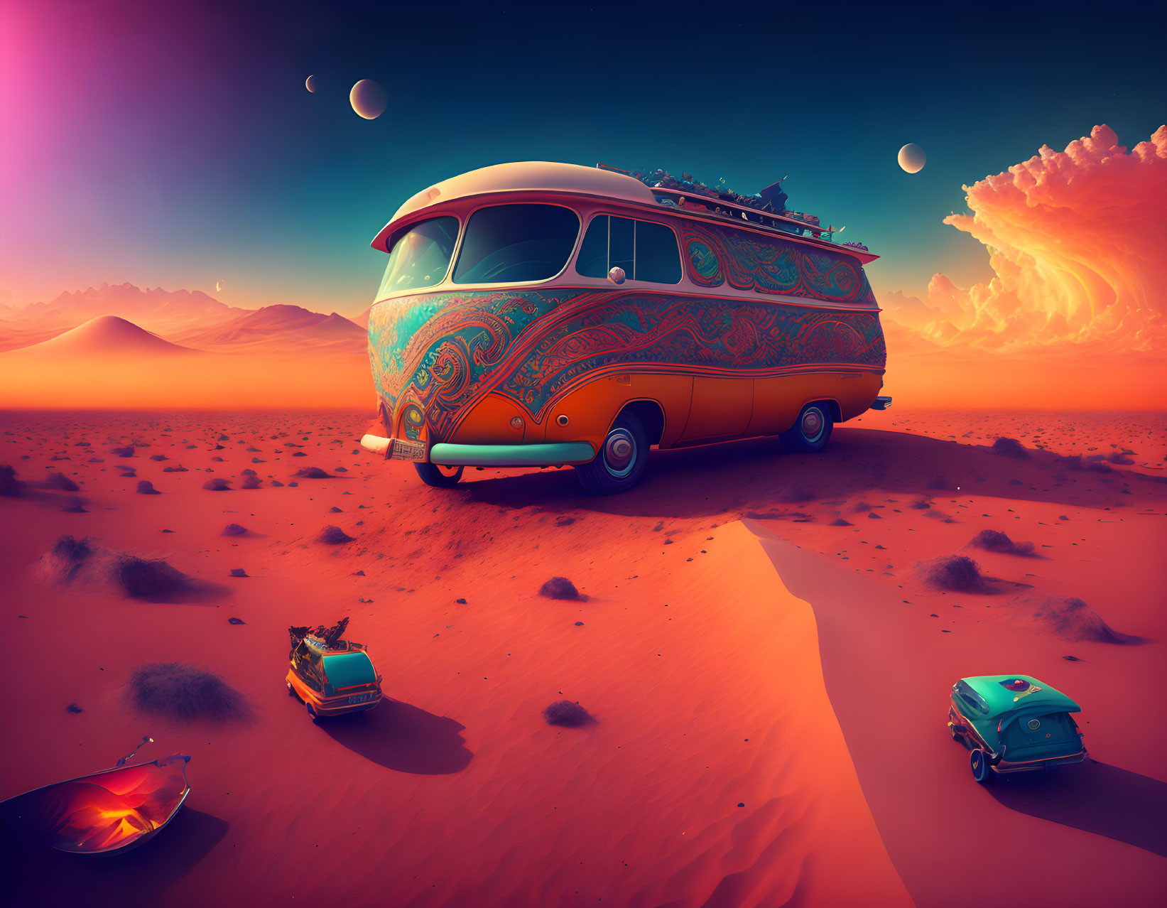 Colorful van on dune in surreal desert with UFO and cars