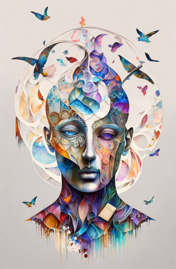 Colorful profile faces with overlapping patterns and birds: A vibrant artistic portrayal