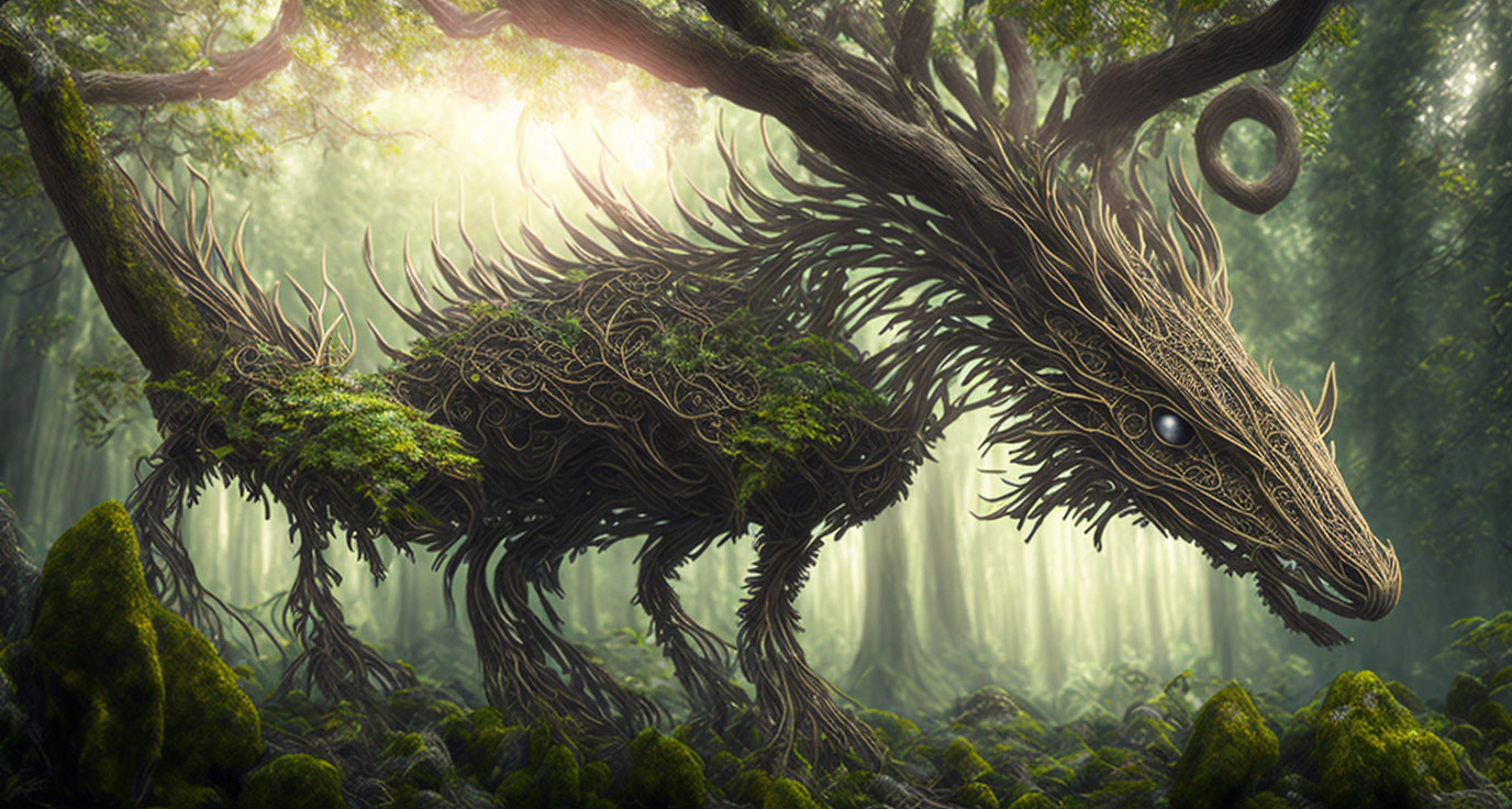 Mystical forest scene: dragon-like creature crafted from branches and foliage