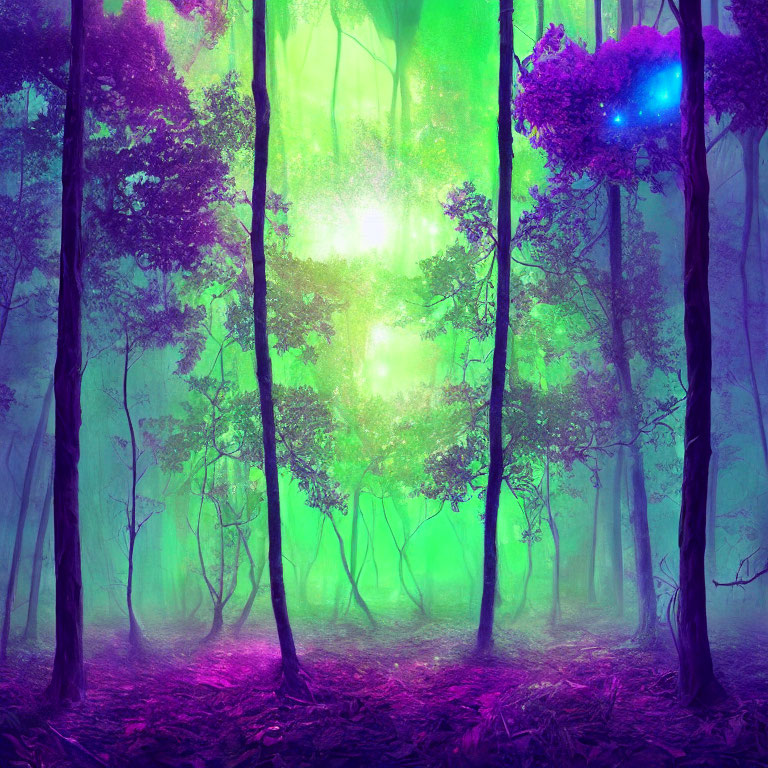 Vivid Purple and Blue Mystical Forest With Green Glow