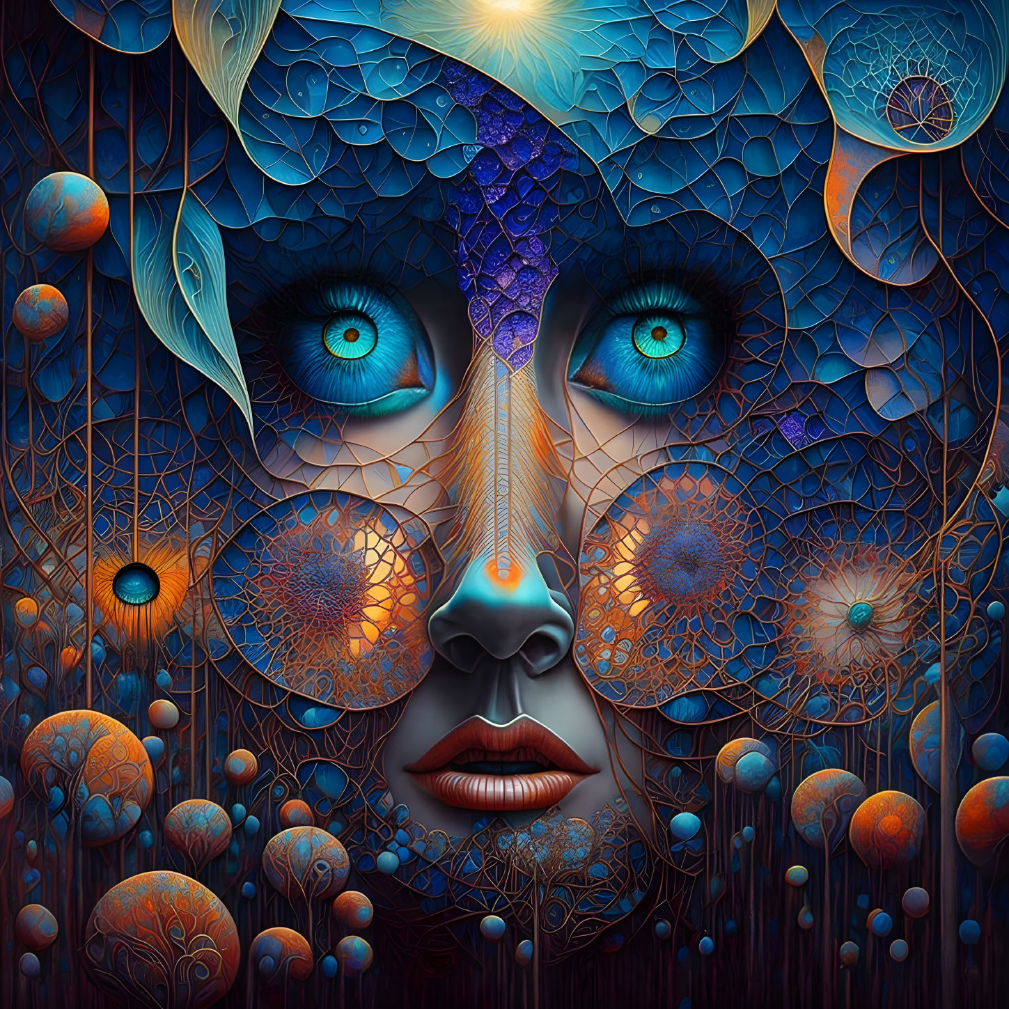 Colorful digital art: Woman's face with intricate fractal patterns.