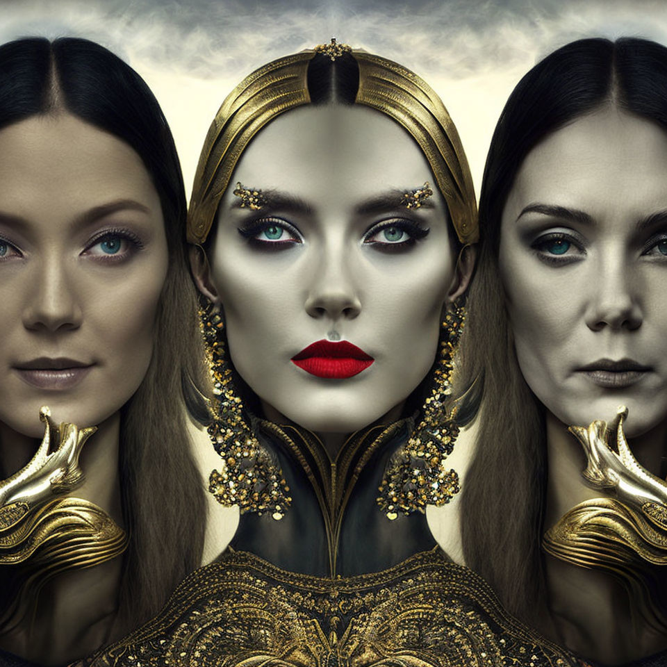 Symmetrical female faces with golden headpieces and bold makeup on cloudy backdrop