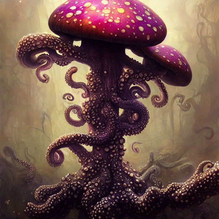 Fantasy illustration of creature with red mushroom cap and purple tentacles in misty setting