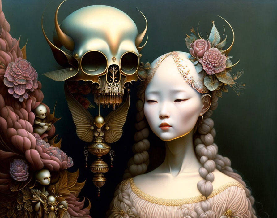 Surreal artwork: Pale woman, skull with crown, floral designs & whimsical characters