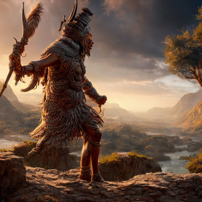 Traditional warrior in elaborate armor with spear overlooking serene sunset landscape