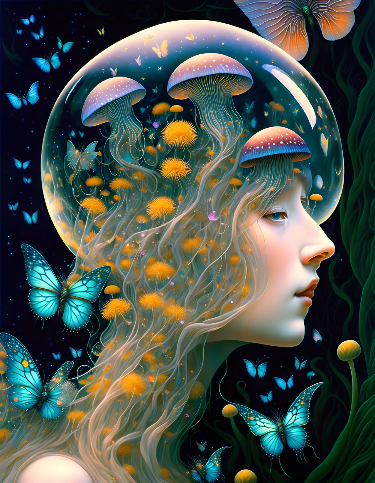 Surreal portrait of woman with bioluminescent mushrooms and butterflies