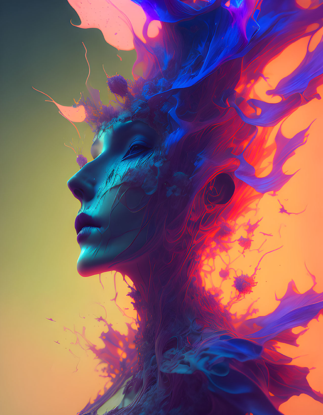 Vibrant blue and orange surreal portrait with flame-like swirls and floral textures