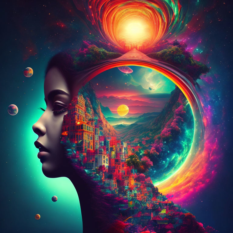 Surreal cosmic landscape with woman's silhouette and vibrant colors