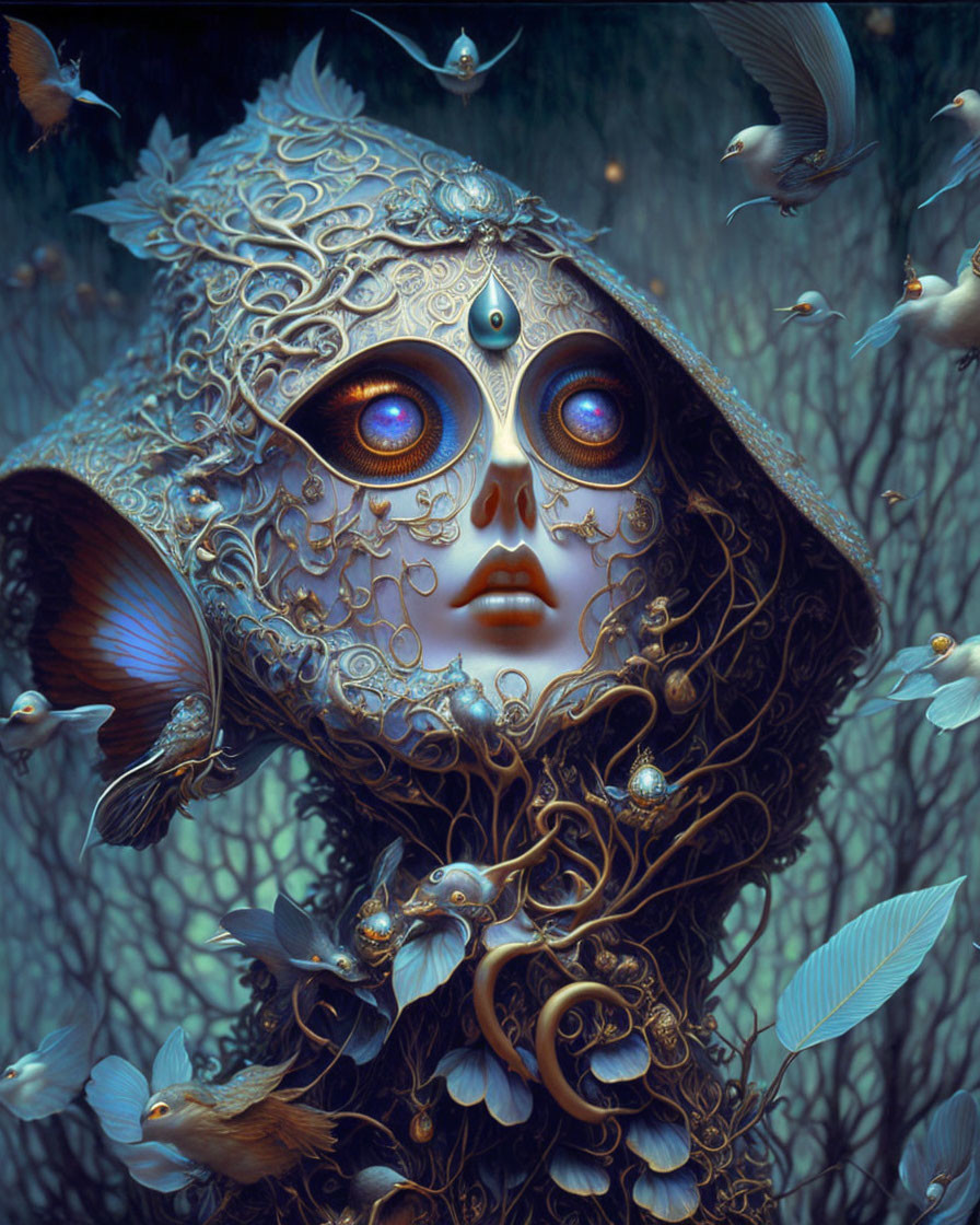 Surreal portrait of figure with metallic owl mask in mystical forest