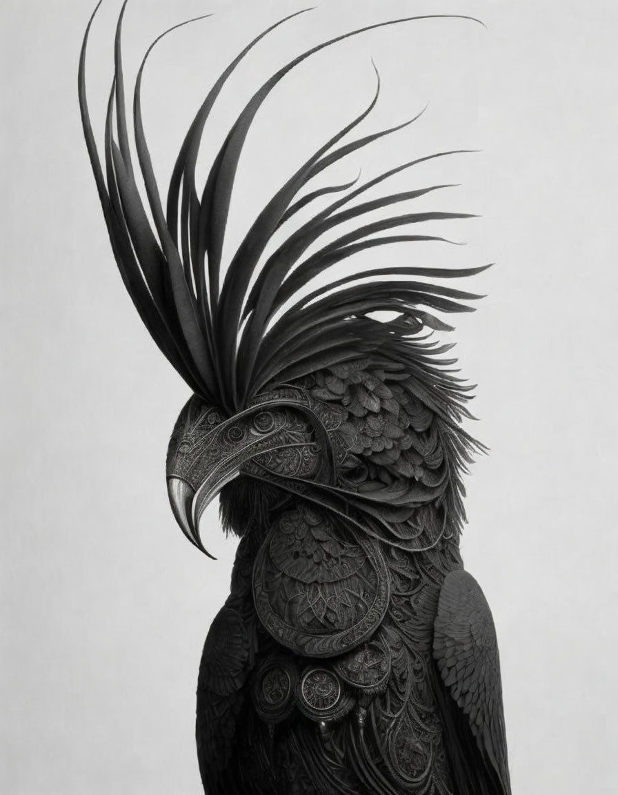 Detailed black and white eagle illustration with stylized feathers and intricate patterns.