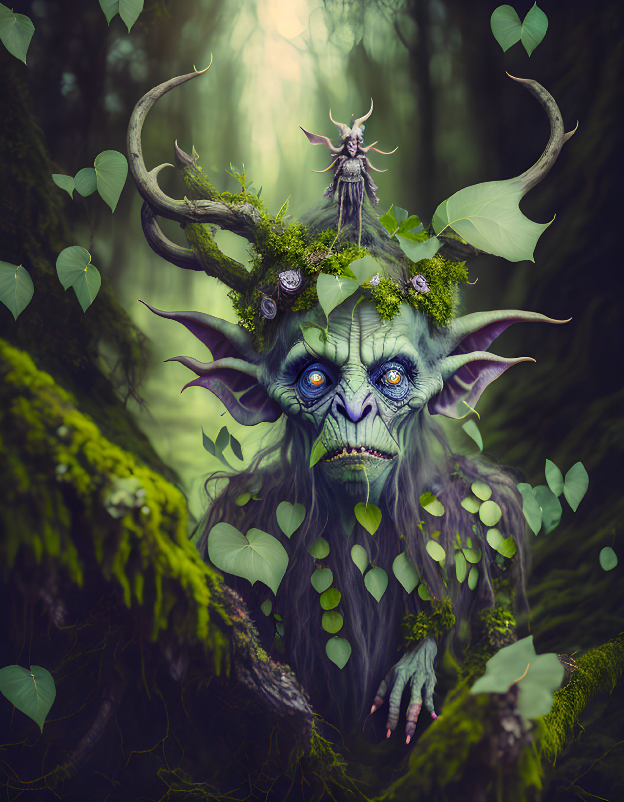 Majestic forest creature with antlers, blue eyes, and green foliage emerging from moss-covered woods