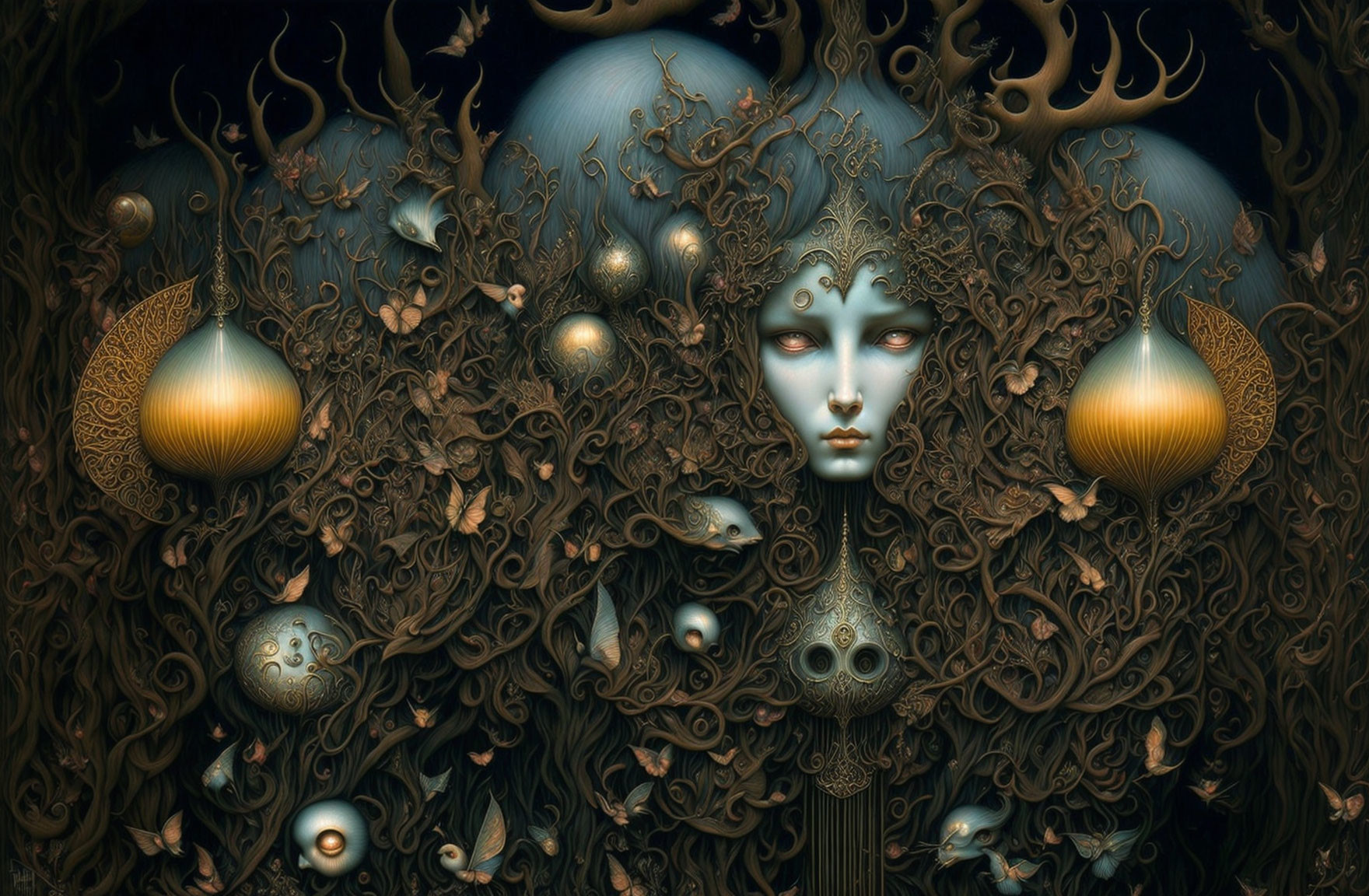 Surreal artwork: face in golden tree branches with orbs on dark background