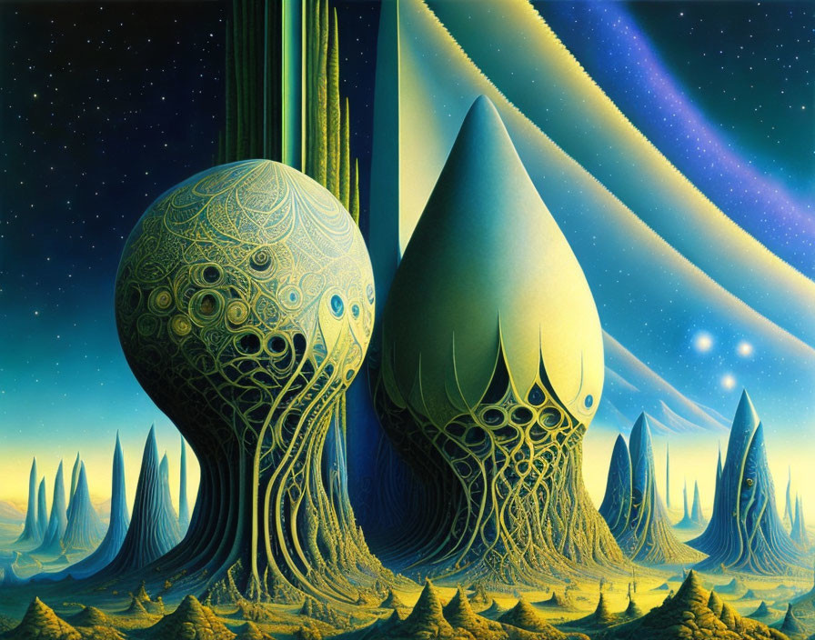 Surreal Landscape with Patterned Spheres and Celestial Bodies