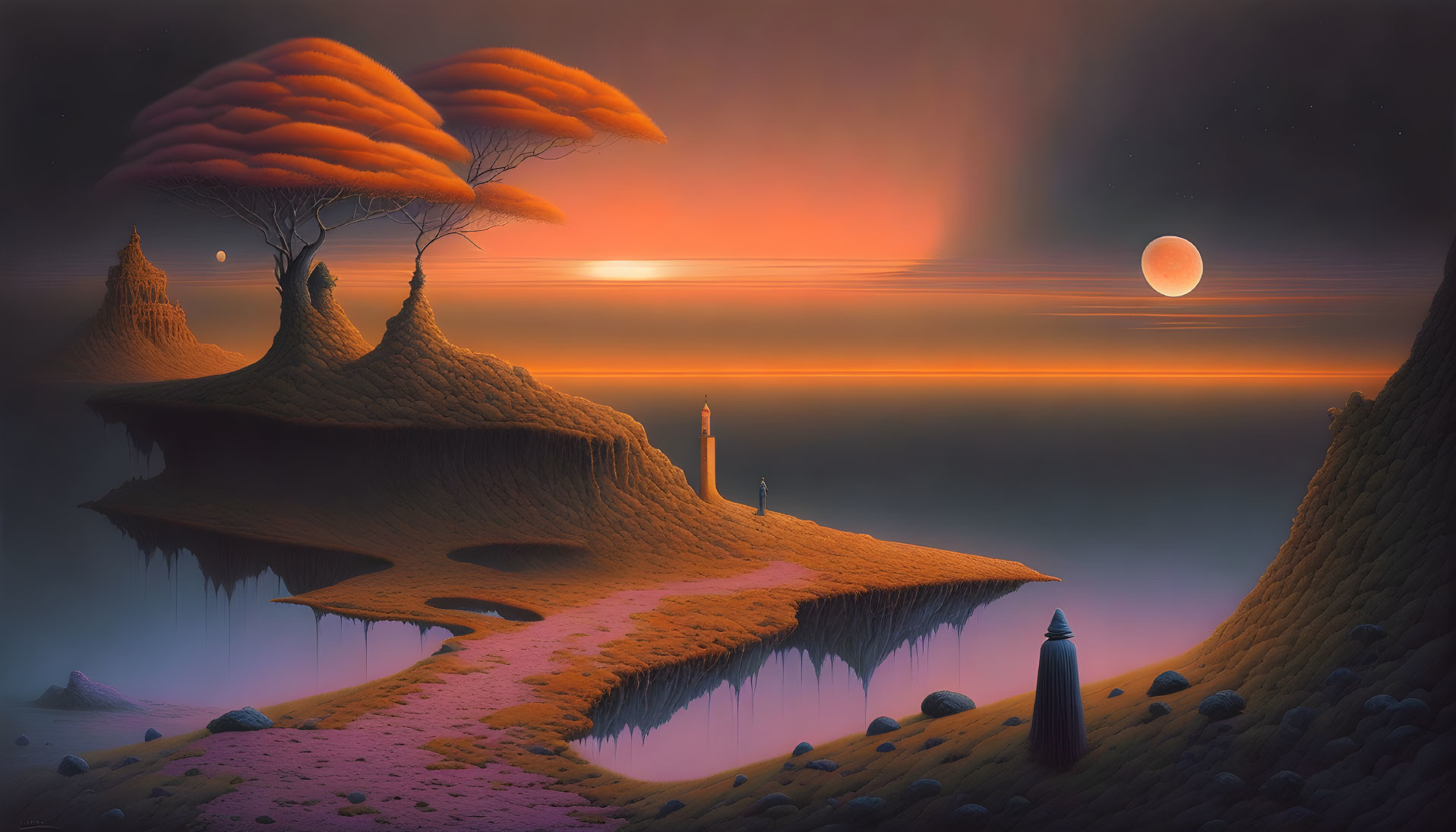 Surreal landscape with orange foliage, floating islands, person with lantern, serene lake, large moon