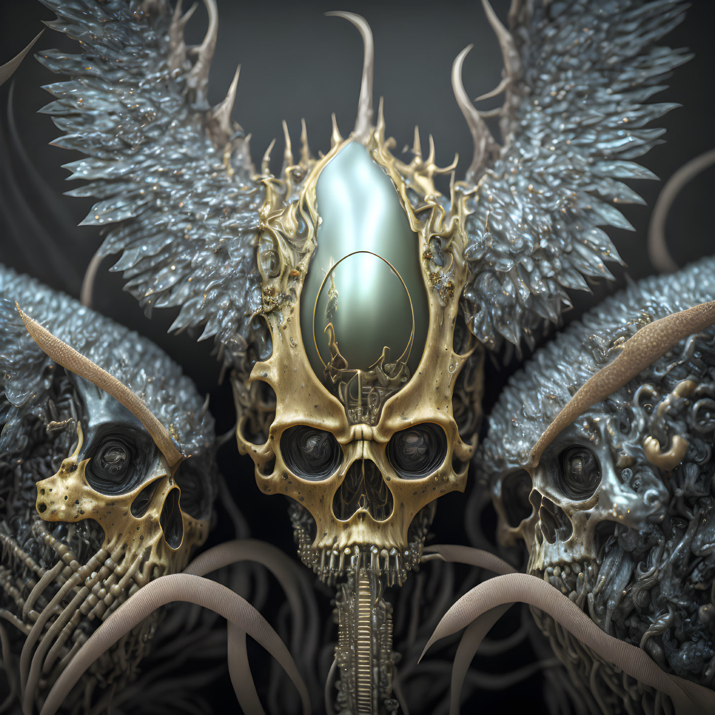 Surreal artwork: Three ornate skulls, glowing egg, dark background