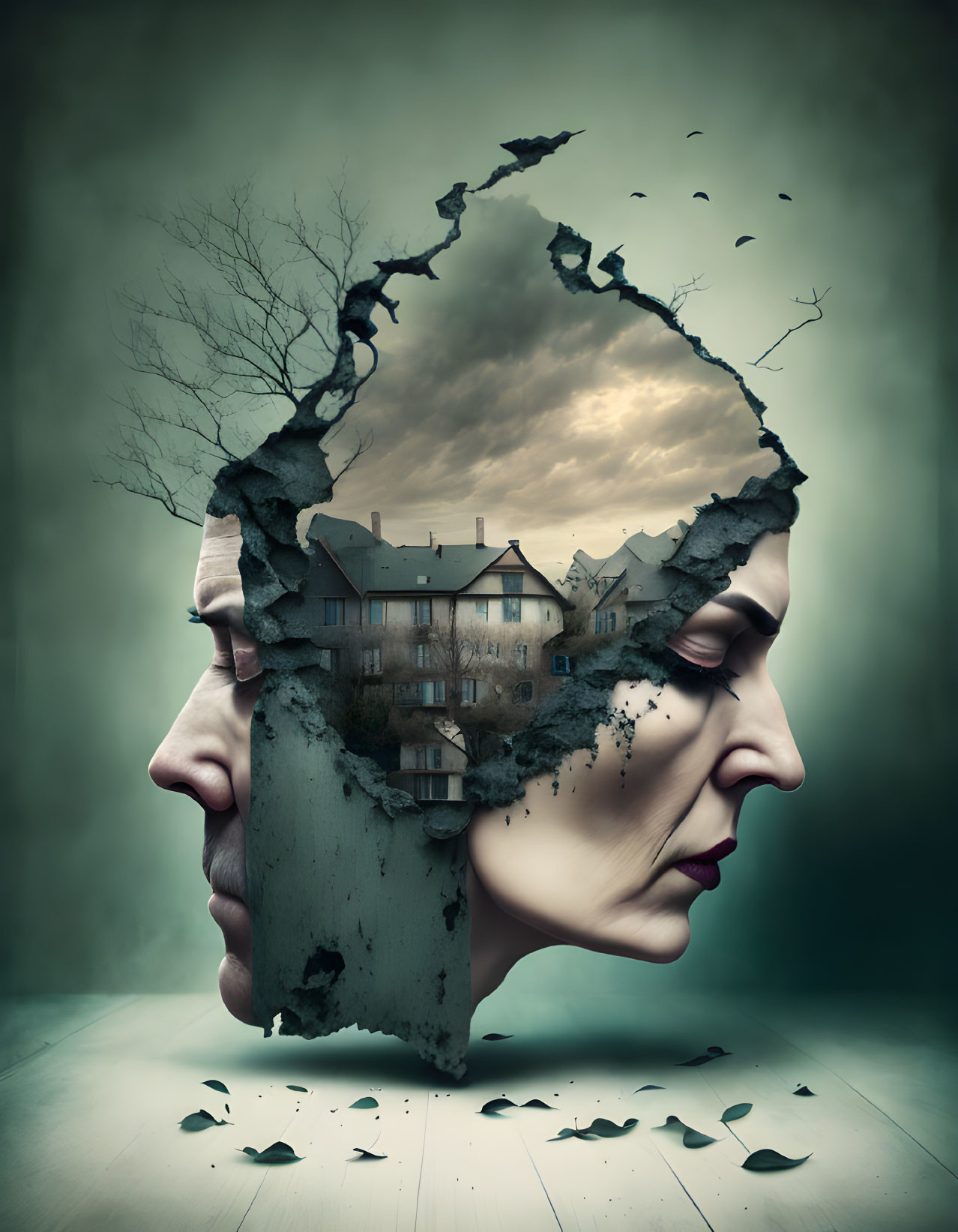 Surreal portrait of fractured face revealing houses under gloomy sky