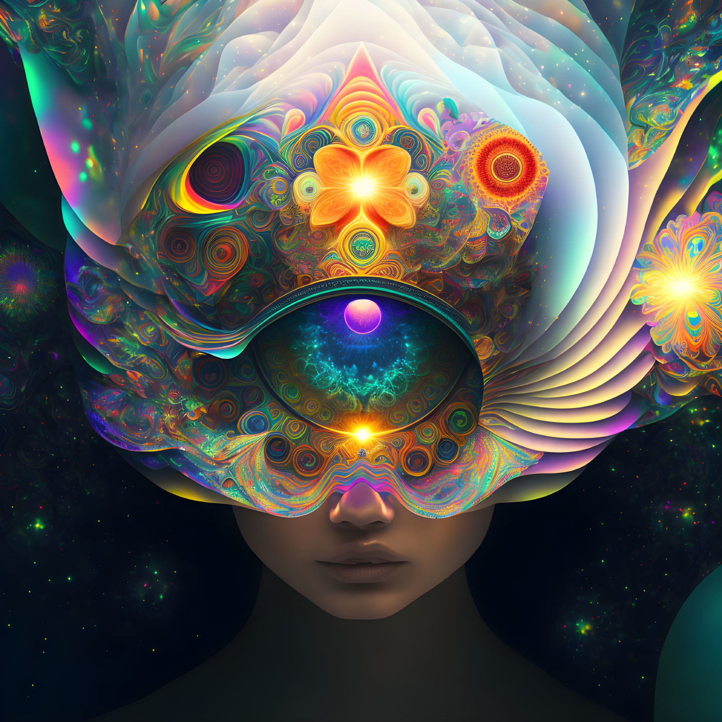 Vibrant fractal patterns on surreal portrait with cosmic visor.