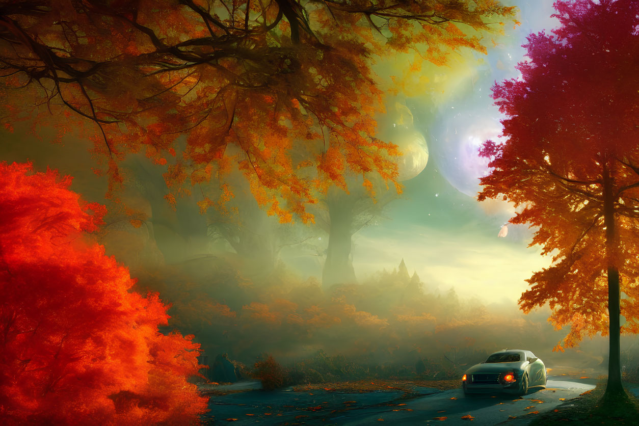 Autumn forest road with red and orange leaves, surreal sky with two moons