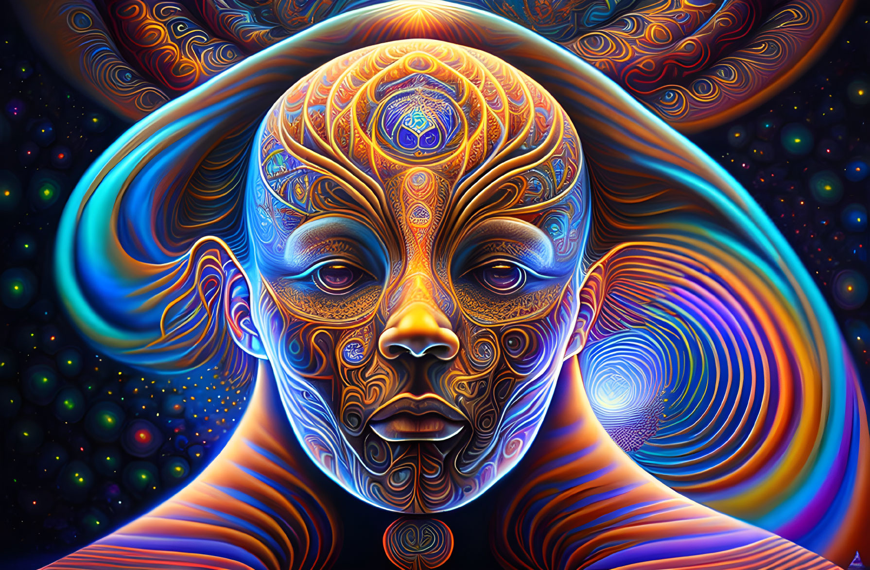 Colorful Psychedelic Portrait with Cosmic Starry Background