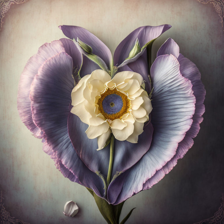 Purple and Cream Petals Heart Composition with Detailed Flower on Textured Background