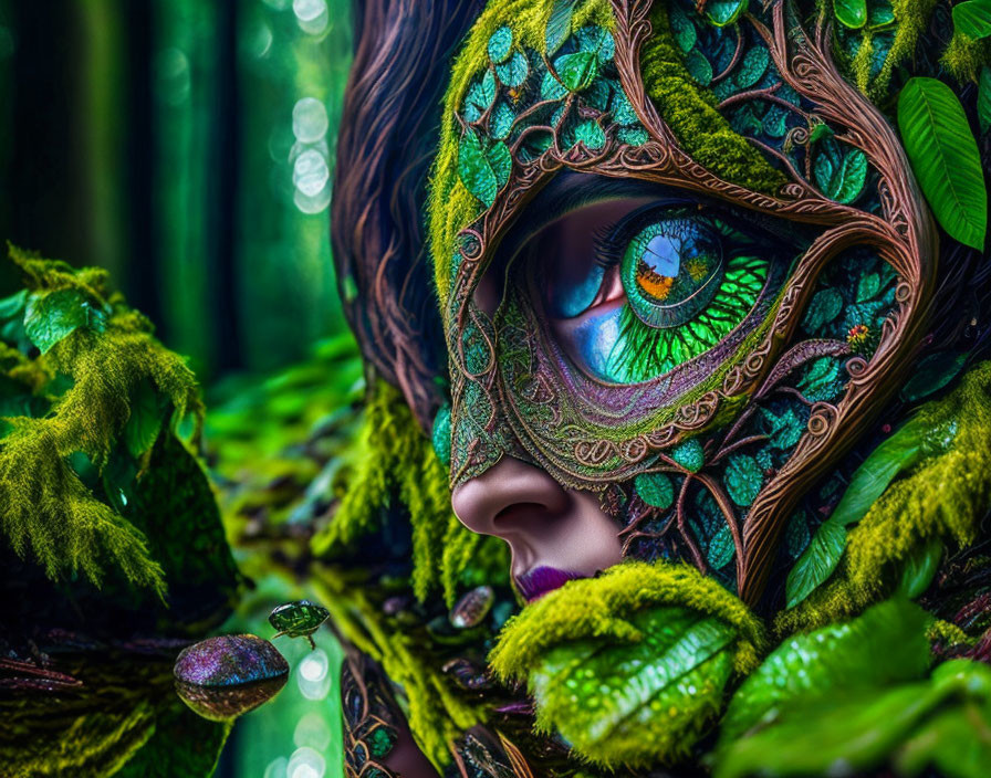 Vibrant green costume with leaf patterns and intricate mask framing a colorful eye