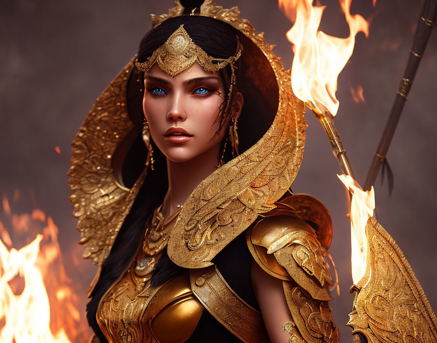 Digital artwork: Woman in golden armor with blue eyes holding a flaming torch