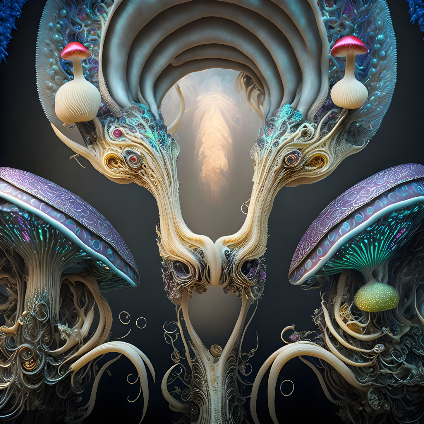 Colorful fractal artwork of intricate mushroom structures