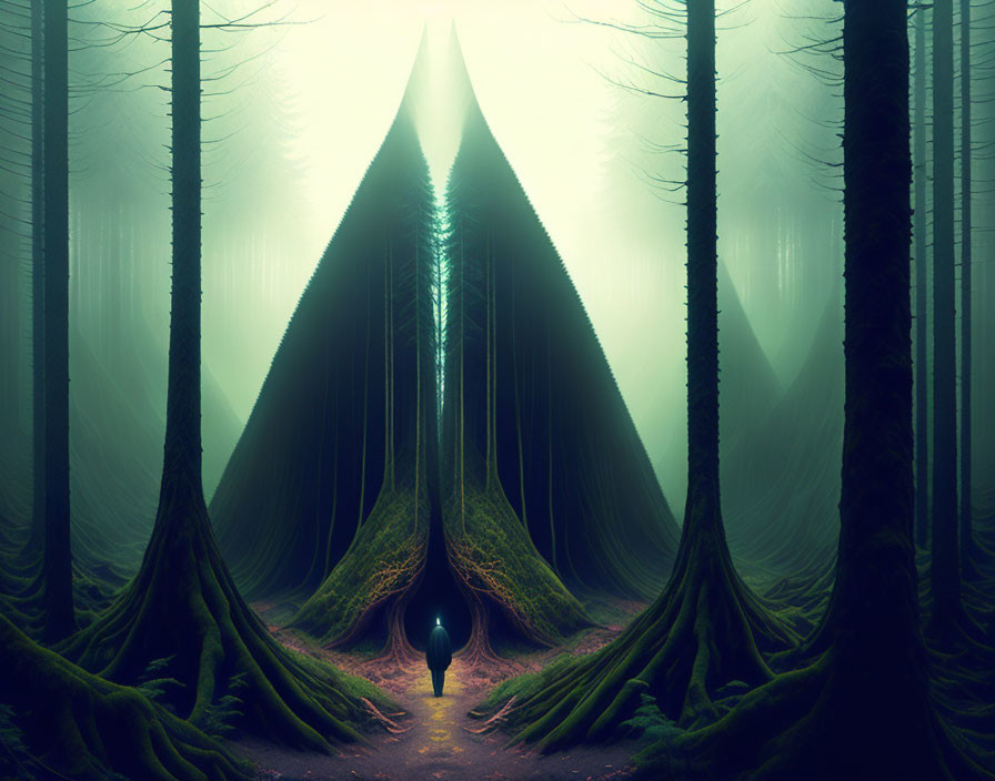 Surreal forest mist with triangular tree root portal and silhouette.