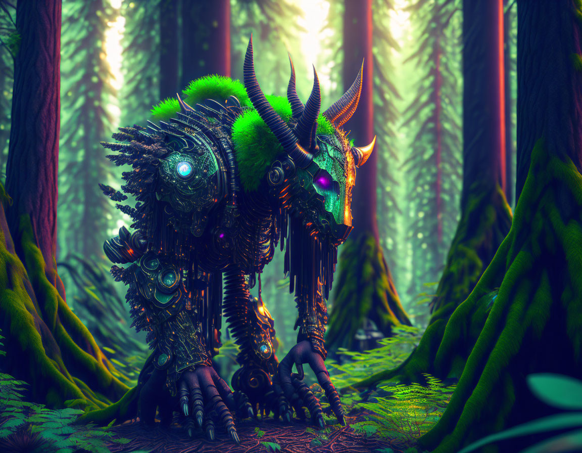 Mystical mechanical creature with horns in enchanting forest