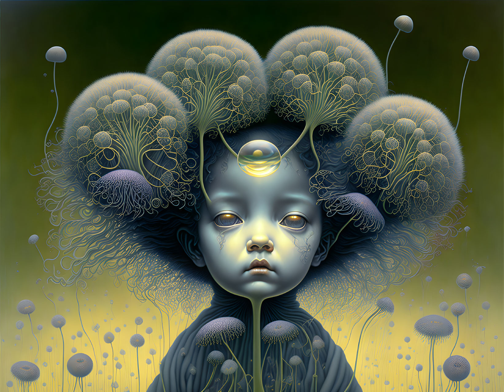 Surreal character with mushroom head ornamentation in a field of stylized fungi